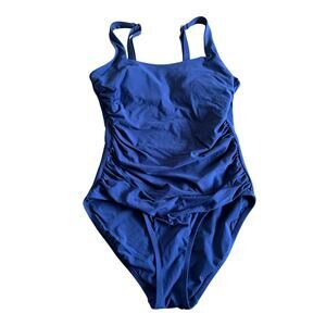 Athleta Womens Navy Blue Ruched Square Neck One Piece Swim Suit Size Small
